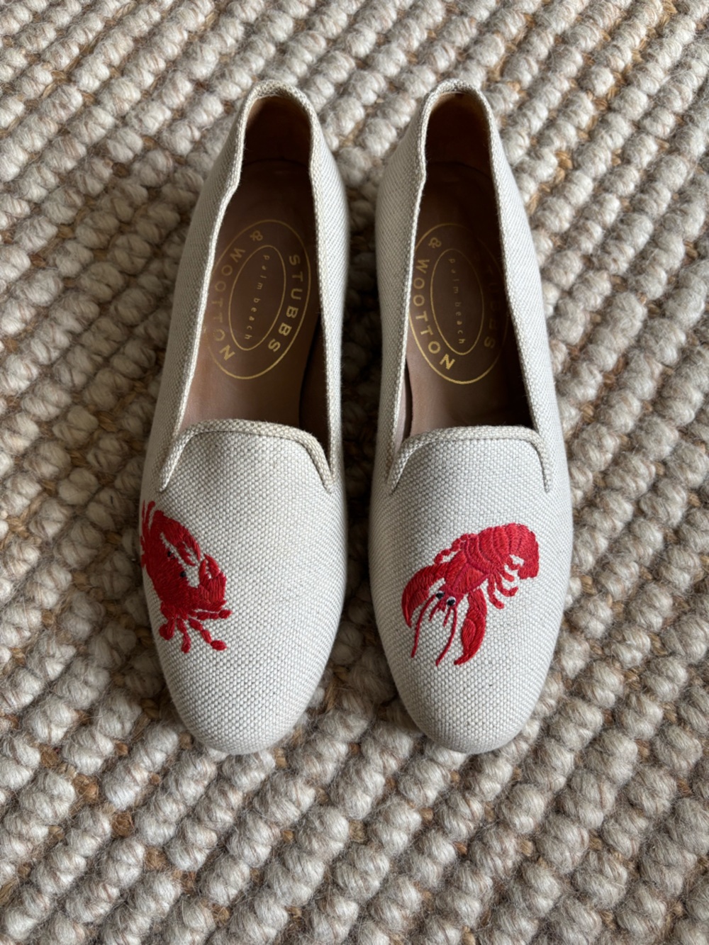 Stubbs & Wootton Women's Cream Embroidered Red Lobster and Crab Slippers Loafers